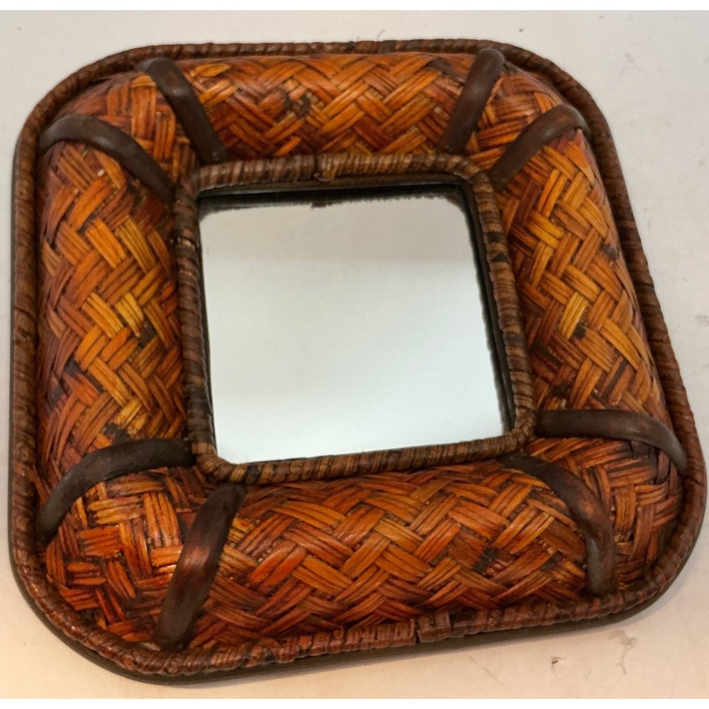 Vintage‎ Woven Rattan Bamboo Square Wall Mirror Boho Decor 10in Small